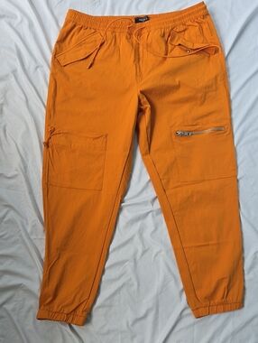 Men's Elastic Tie Waist Orange Streetwear Pants 4 Pockets Front 2 Pockets Back